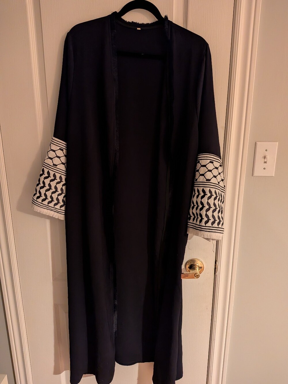 Black Open Front with Embroidered White Sleeve Panels Abaya, Dress, Modest